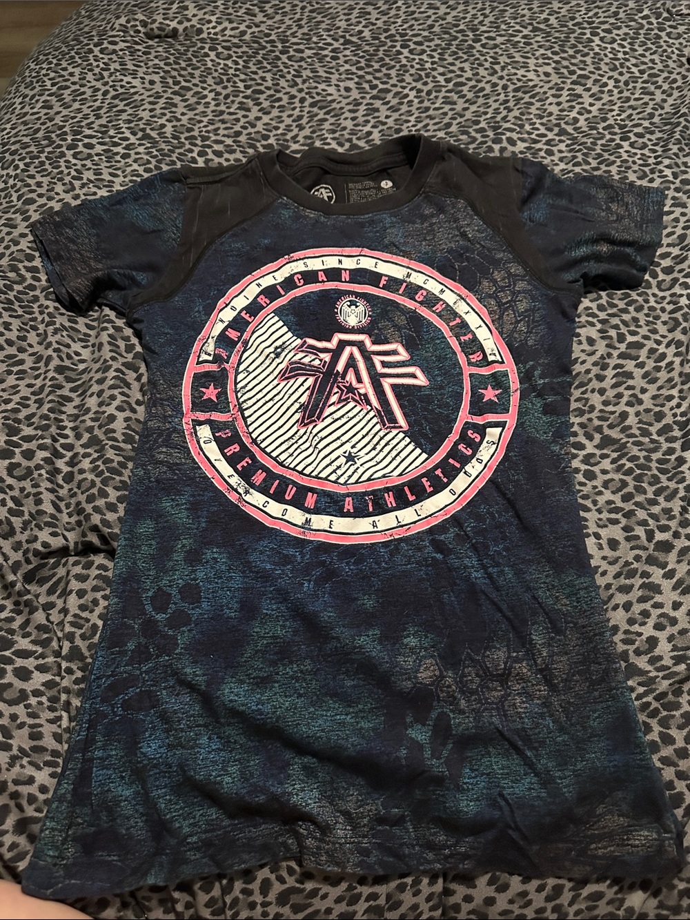 Women’s Black & Teal American Fighter Tee with Pink Logo